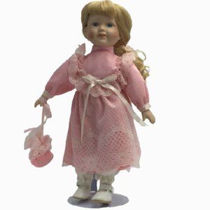 Vintage Victorian Beautiful Porcelain Curly Haired Doll in Elegant Pink Dress